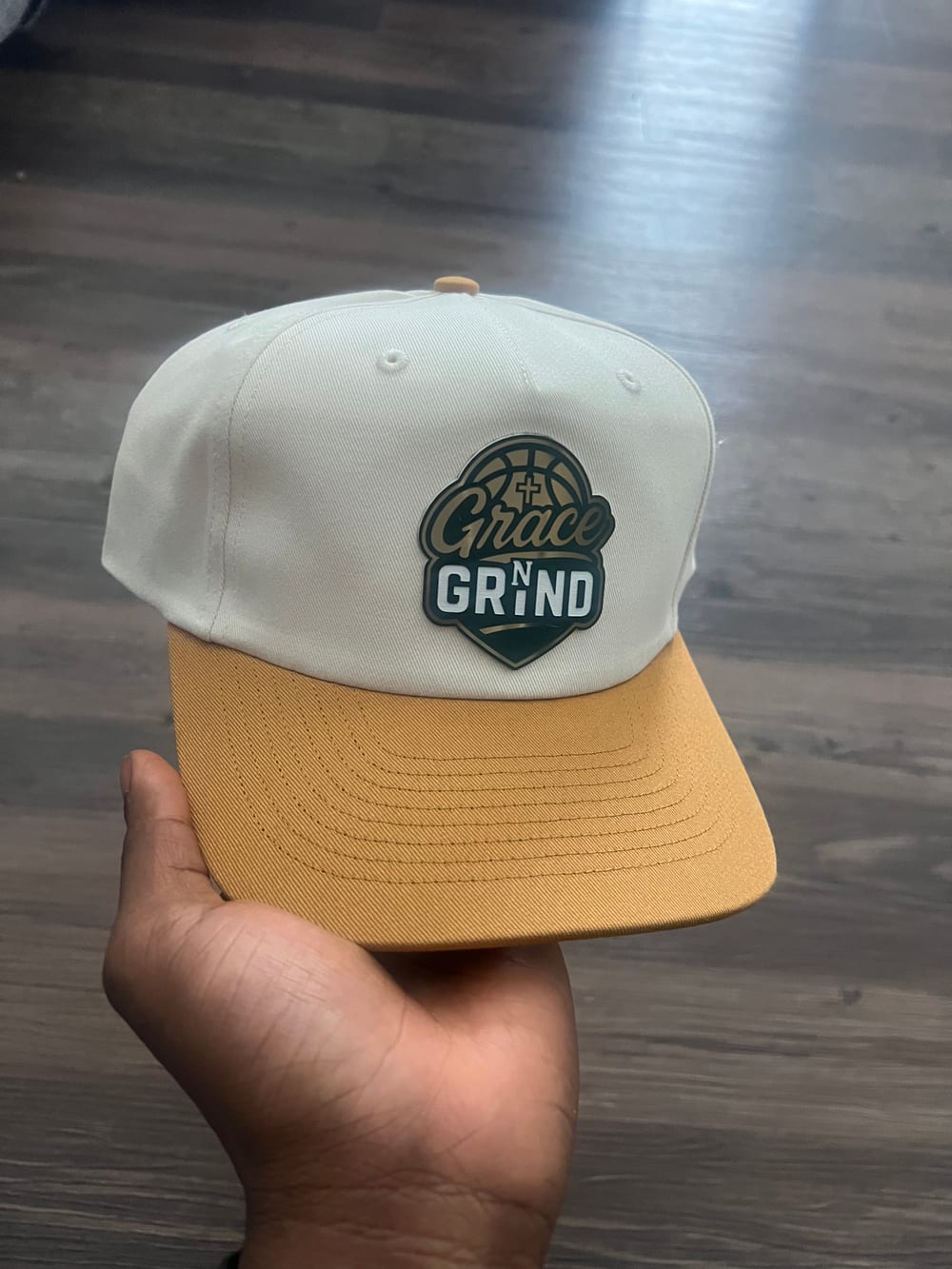 Grace N Grind cream and gold snapback hat